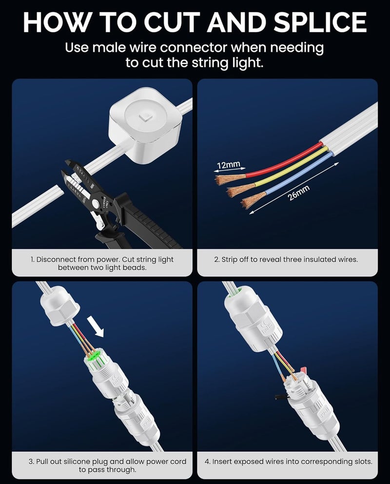 CybeRoad Splice Connector (2 Pack) for Govee Cuttable Outdoor Lights — Compatible with Govee H706A, H706B, H706C, H703A, H703B, Waterproof Extension Cable Wire Connector (Male and Female Set) - Image 5